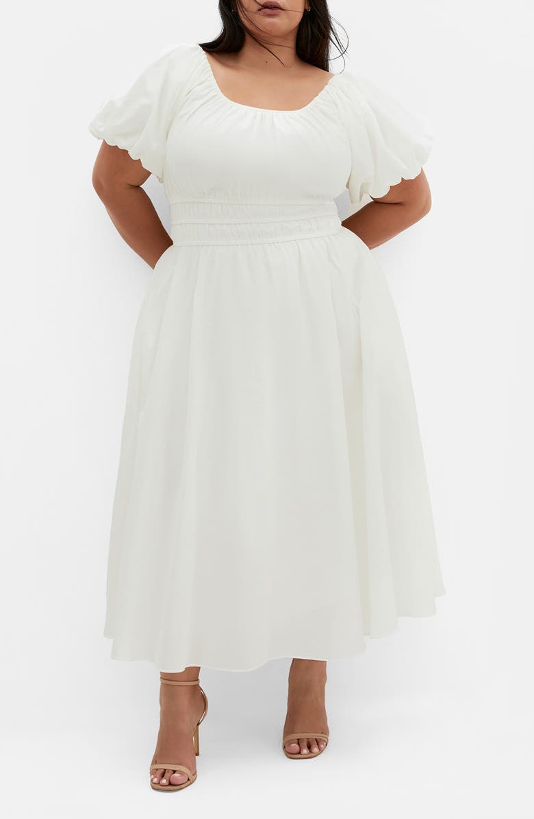 City Chic Lillian Puff Sleeve Cotton Midi Dress, Main, color, Butter