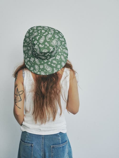 Lost Pattern Nyc "paisley" Cotton Reversible Sun Hat In Green