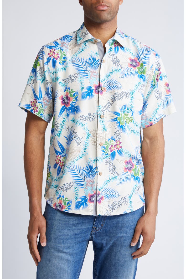 Lei in Paradise IslandZone® Short Sleeve Silk Blend Button-Up Shirt, Main, color, ABALONE