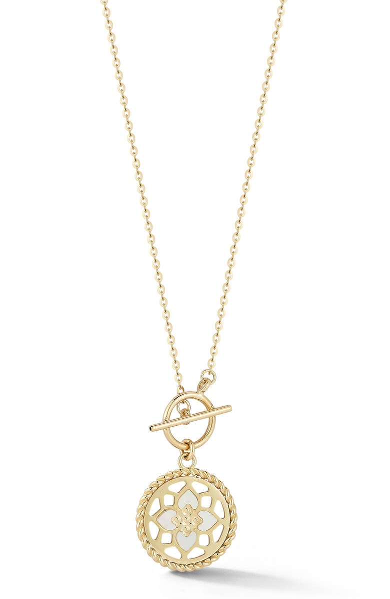 Ember Fine Jewelry 14K Yellow Gold Mother-of-Pearl Floral Medallion Pendant Necklace, Main, color,
