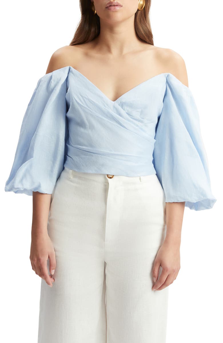 Bardot Eva Off the Shoulder Puff Sleeve Linen Crop Top, Main, color, 