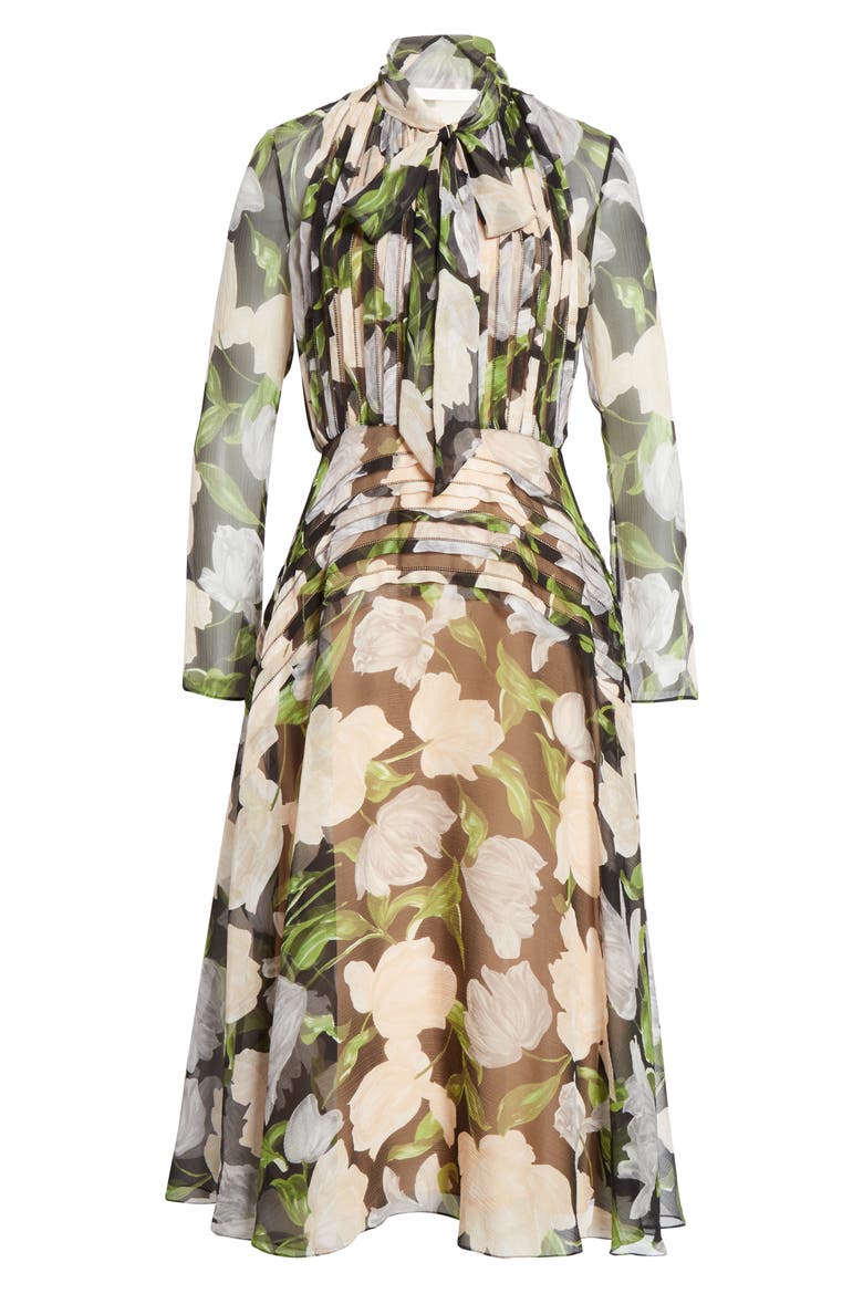 Floral Silk Long Sleeve Midi Dress, Alternate, color, BLACK/ NUDE