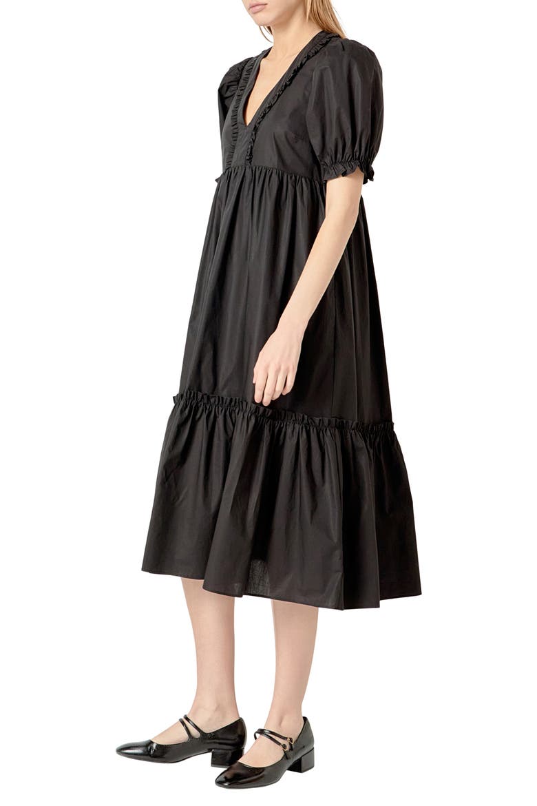 Puff Sleeve Empire Waist Tiered Cotton Midi Dress, Alternate, color, BLACK