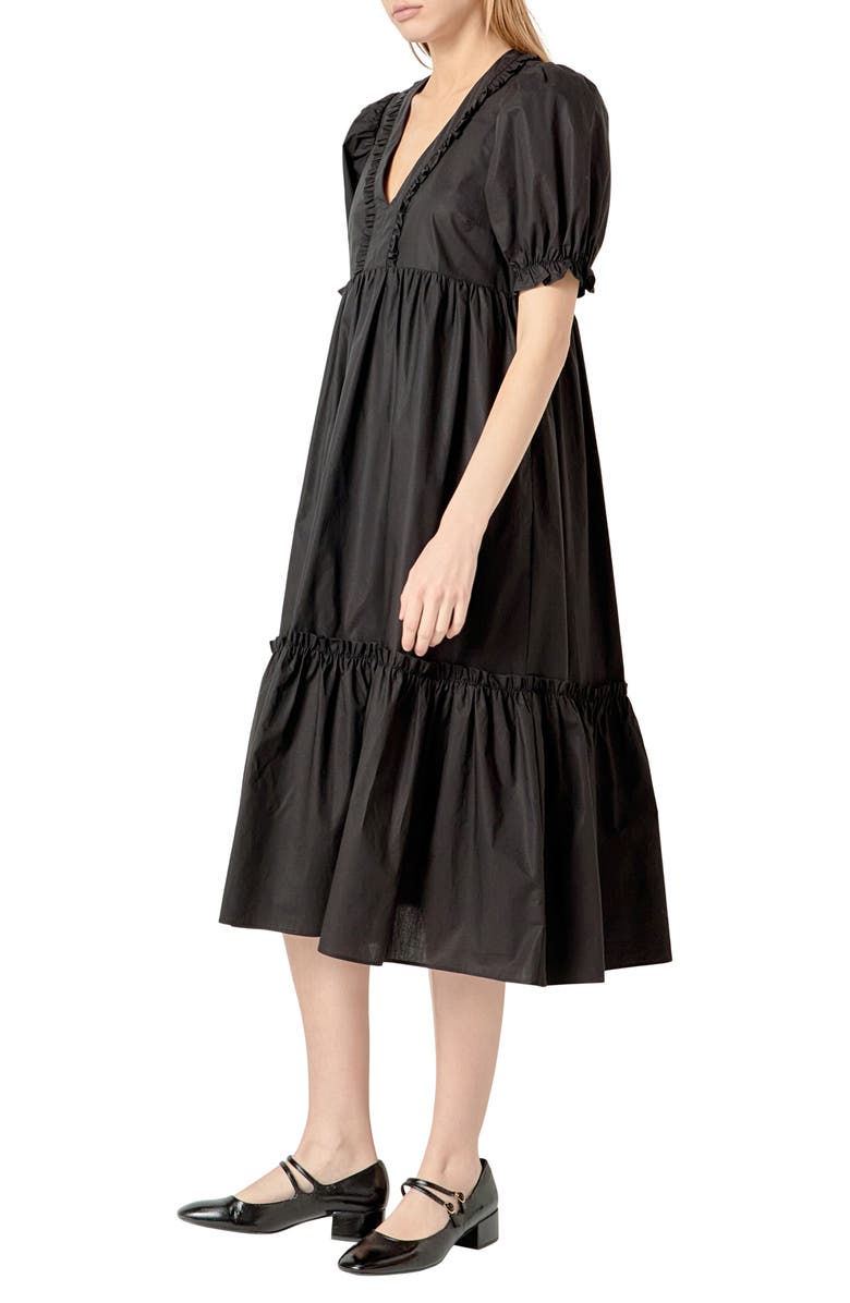 English Factory Puff Sleeve Empire Waist Tiered Cotton Midi Dress, Alternate, color, Black