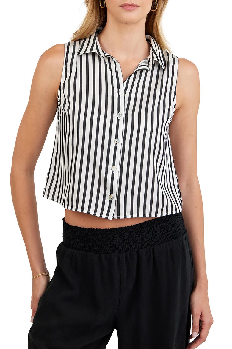 Sleeveless Stripe Crop Button-Up Shirt, Main, color, VINTAGE BLACK STRIPE