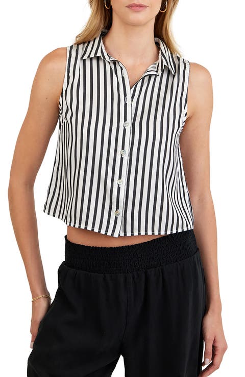 Sleeveless Stripe Crop Button-Up Shirt