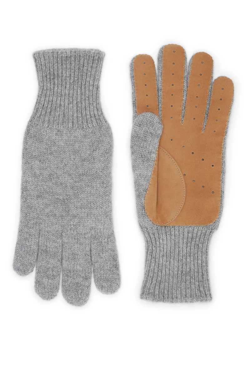Brunello Cucinelli Cashmere knit gloves with suede palm, Main, color, 