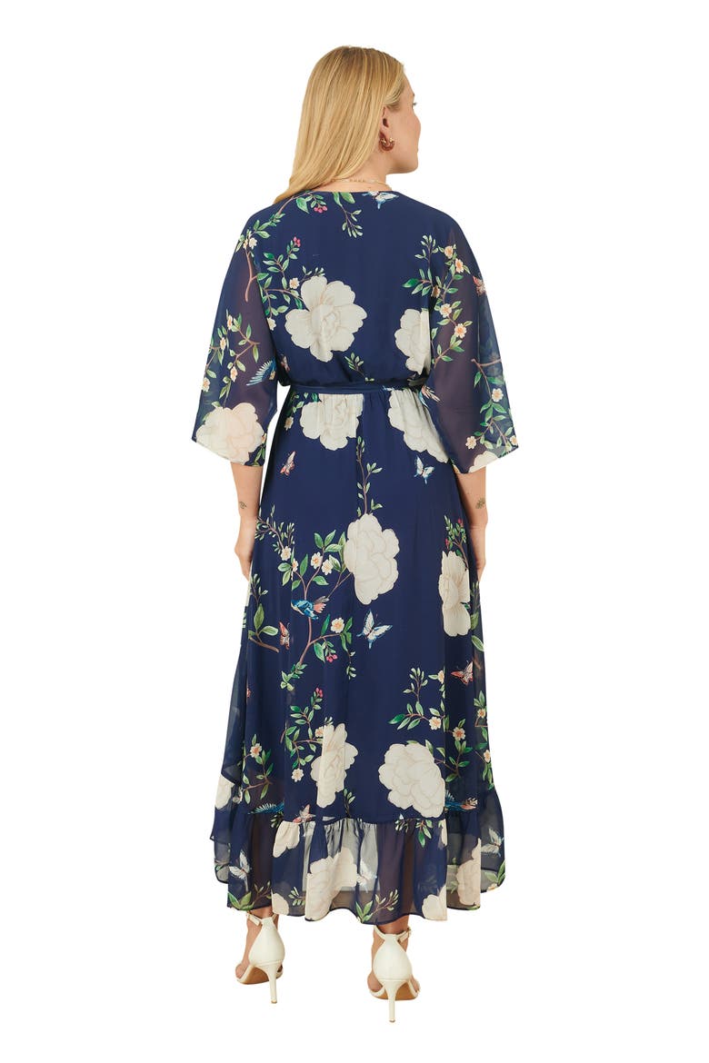 Bird And Floral Print Midi Wrap Dress, Alternate, color, Navy