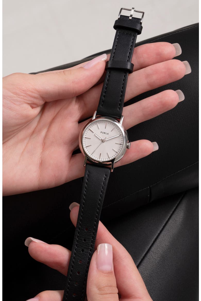 Easy Shape Leather Strap Watch, 32mm, Alternate, color, SILVER/ SILVER/ BLACK