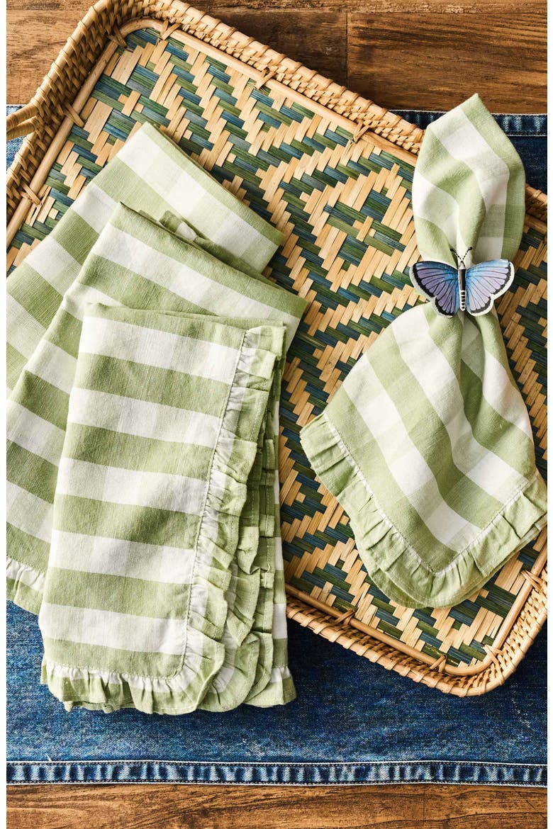 Gingham Ruffle Set of 4 Cotton & Linen Napkins, Alternate, color, SEAGRASS