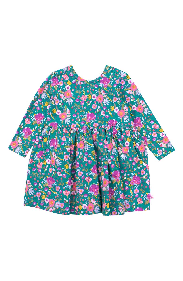 RuffleButts Emerald Floral Print Long Sleeve Stretch Cotton Dress, Alternate, color, Green