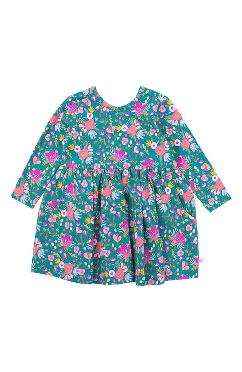 Rufflebutts Emerald Floral Print Long Sleeve Stretch Cotton Dress In Green