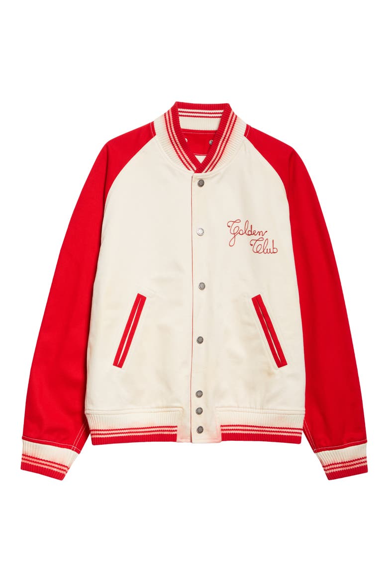 Journey Cotton Twill Varsity Jacket, Alternate, color, SHORTBREAD/ HAUTE RED