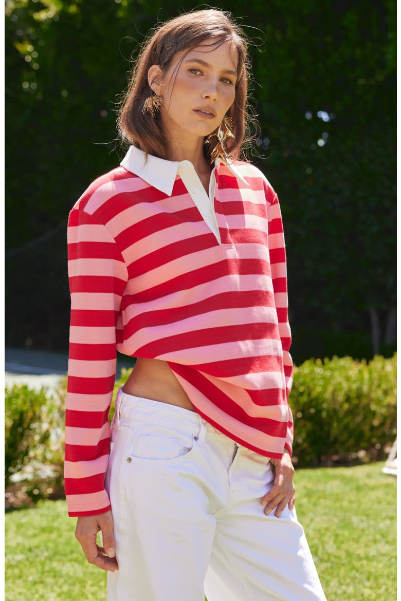 Striped Long Sleeve Polo, Alternate, color, RED/ PINK