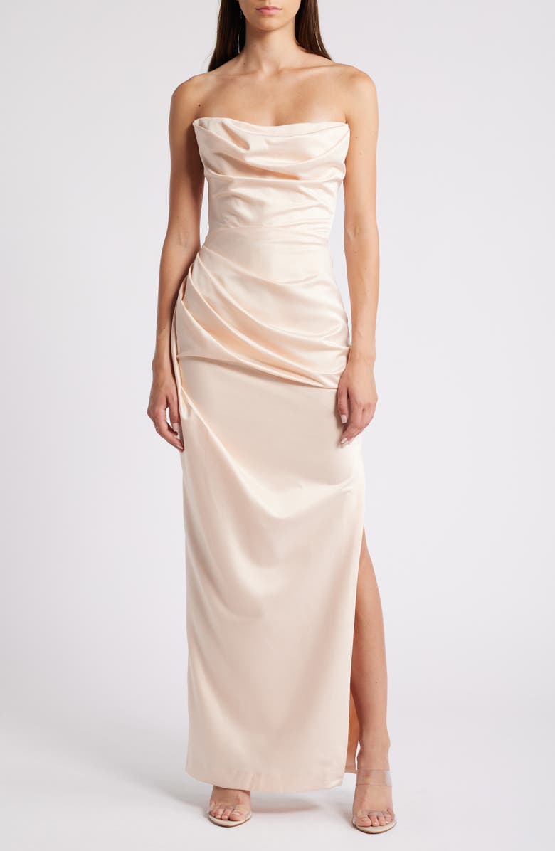HOUSE OF CB Adrienne Pleated Strapless Gown, Alternate, color, Champagne