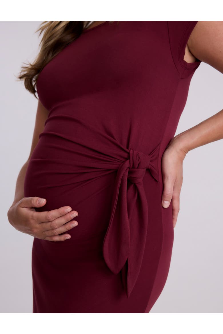 Crew Neck Short Sleeve Side Tie Maternity Midi Dress, Alternate, color, Tawny Port