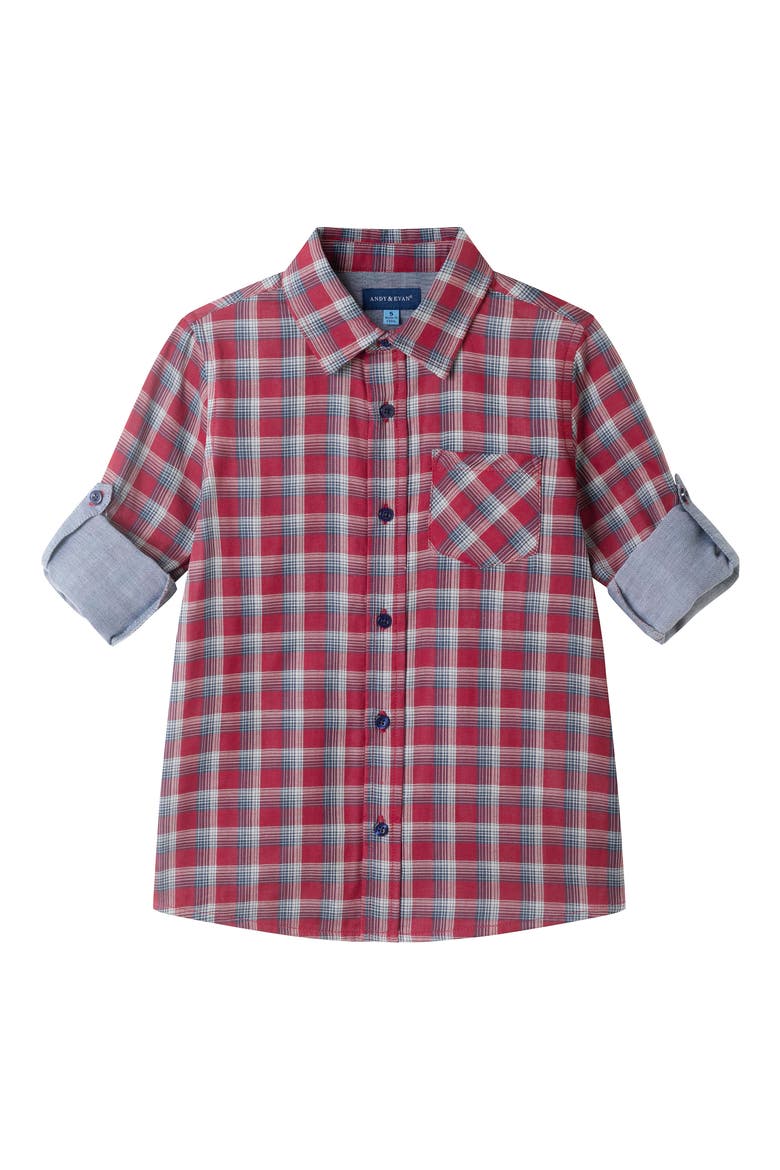 Kids' Plaid Cotton Button-Up Shirt, Alternate, color, RED