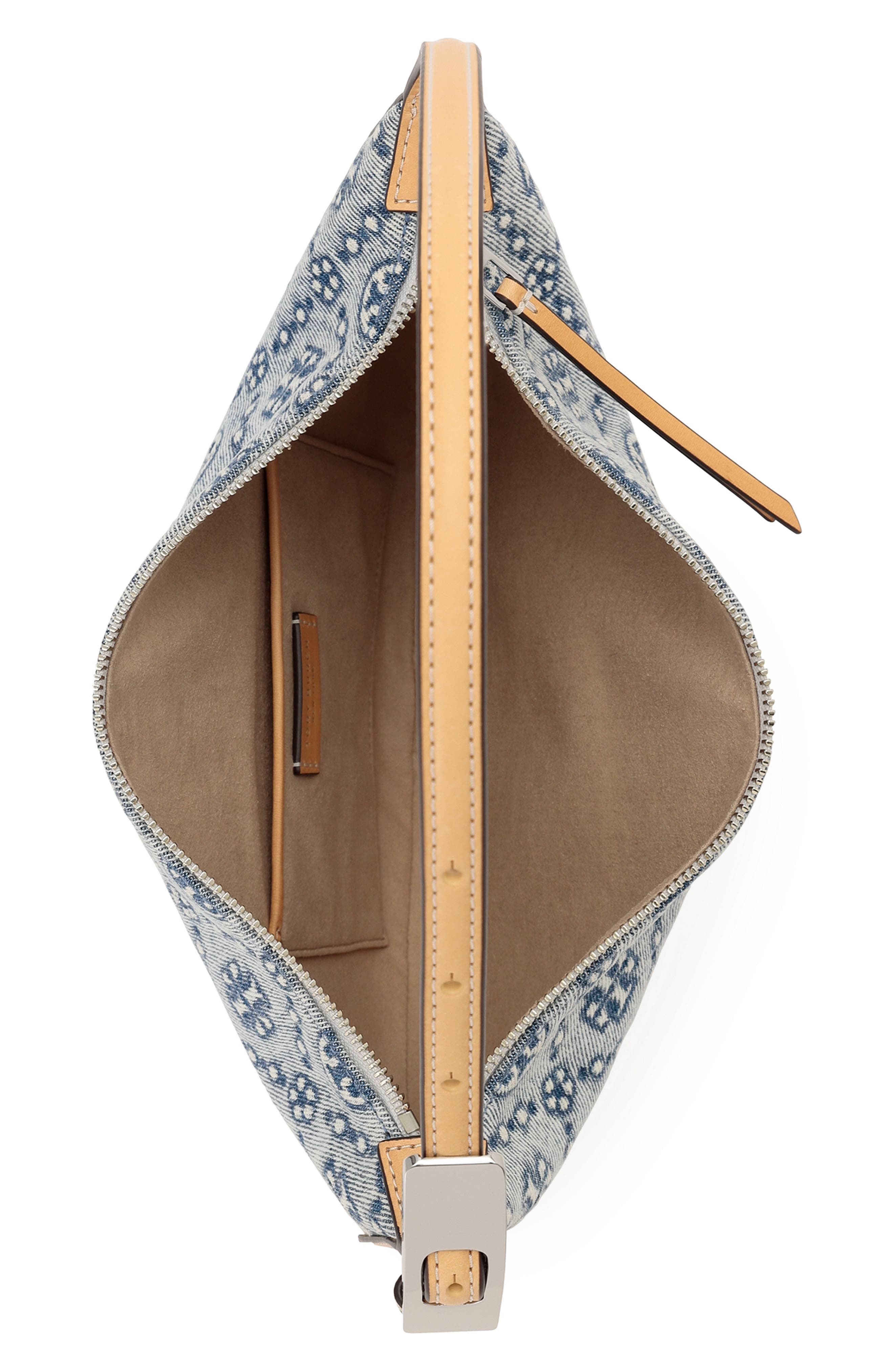 Tory Burch Small T Monogram Denim Balloon Bag, Alternate, color, Powder Blue