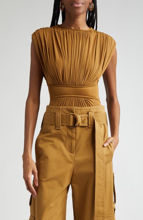 Zimmermann Silk Jersey Bodysuit With Gathered Detailing In Khaki