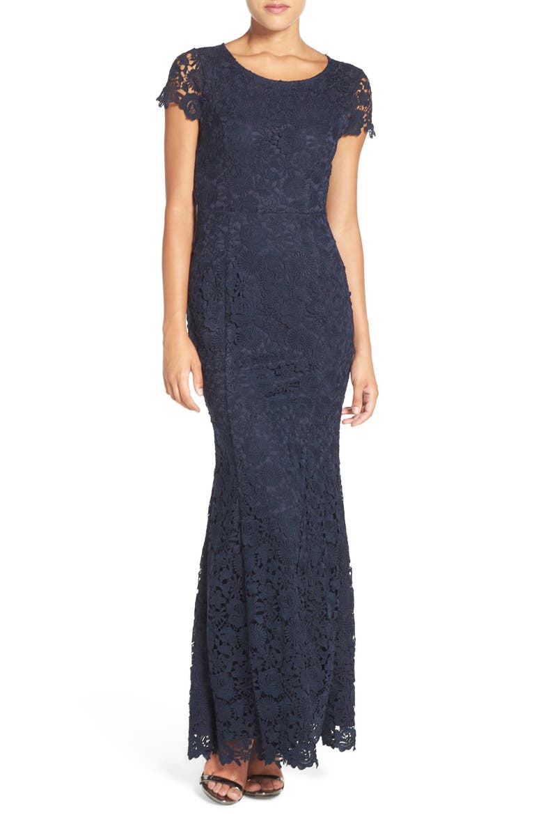 Lulu's Open Back Cap Sleeve Lace Mermaid Gown, Main, color, NAVY