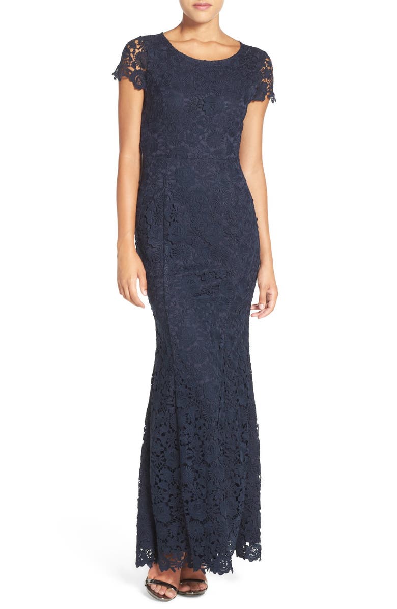 Lulus Lulu's Open Back Cap Sleeve Lace Mermaid Gown, Main, color, 