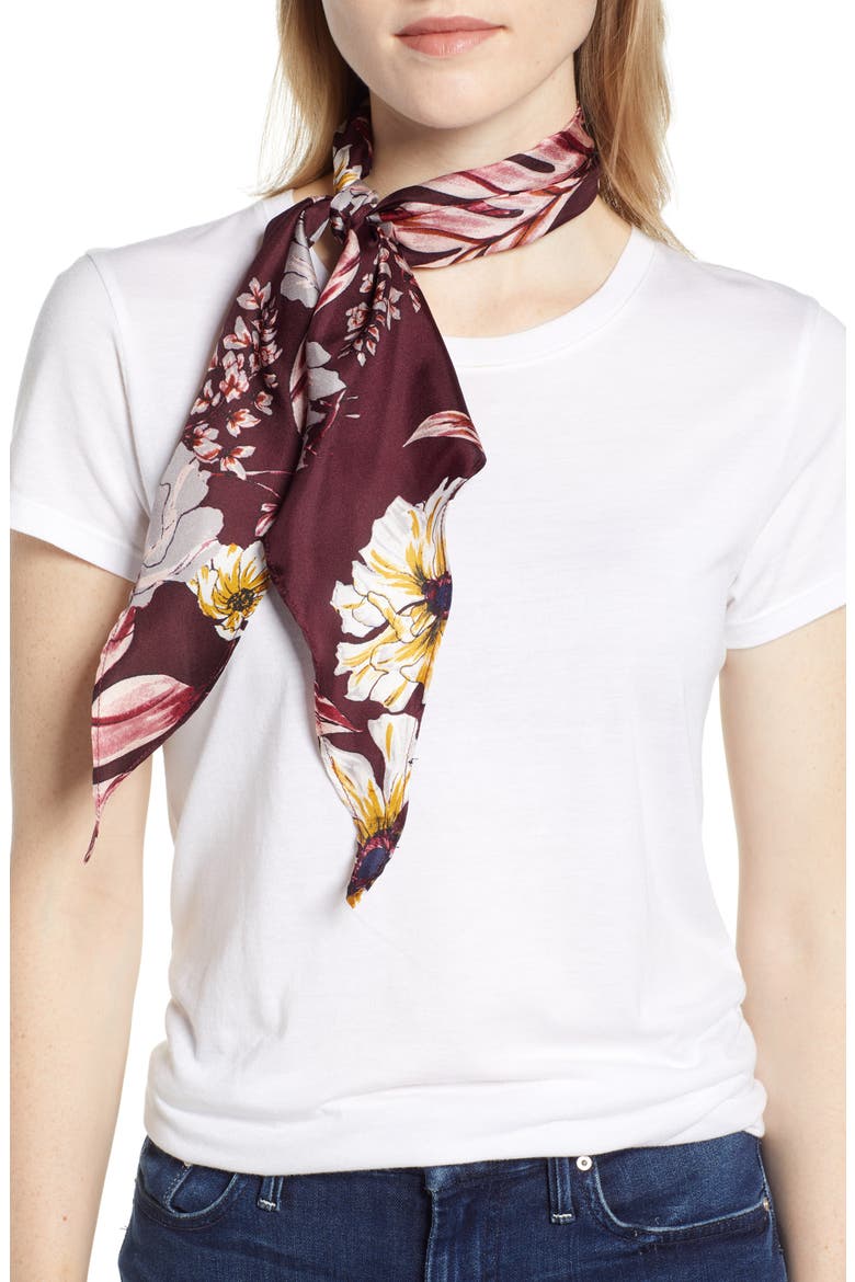 Floral Print Silk Kite Scarf, Main, color, BURGUNDY DARK FLORAL