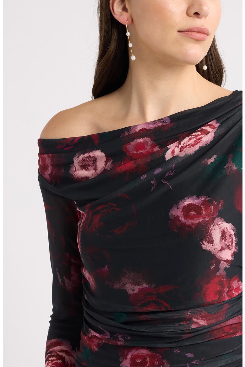 Mesh One-Shoulder Long Sleeve Maxi Dress, Alternate, color, BLACK- PINK LOIS FLORAL