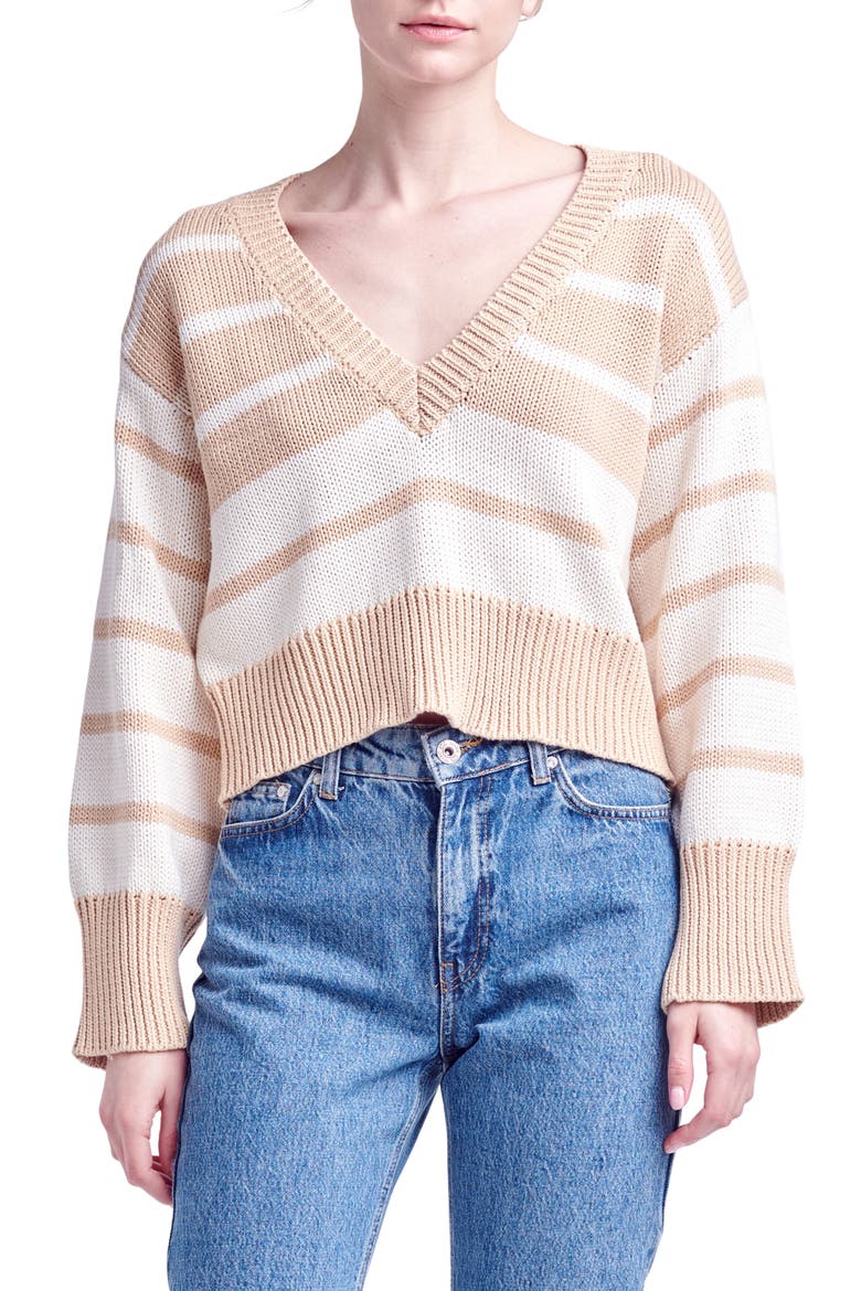 Stripe V-Neck Cotton Crop Sweater, Main, color, TANIVORY