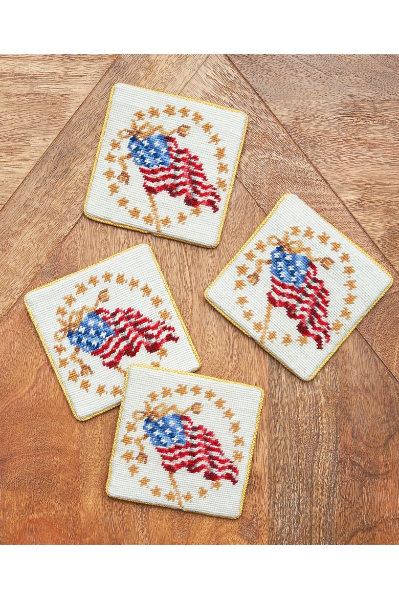 4" USA Glory Decorative Petit Point Coasters Set of 4 Americana Patriotic, Alternate, color, White
