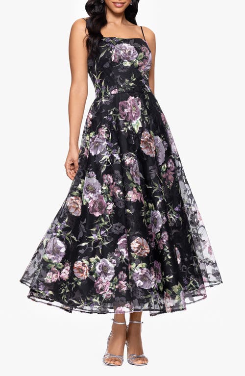 Betsy & Adam Print Embroidered Sleeveless Gown In Black