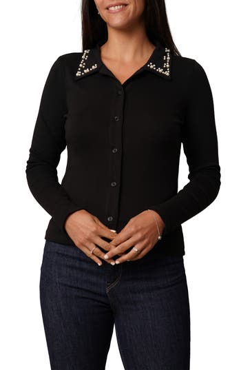 Cyrus Faux Pearl Collar Button-up Shirt In Black
