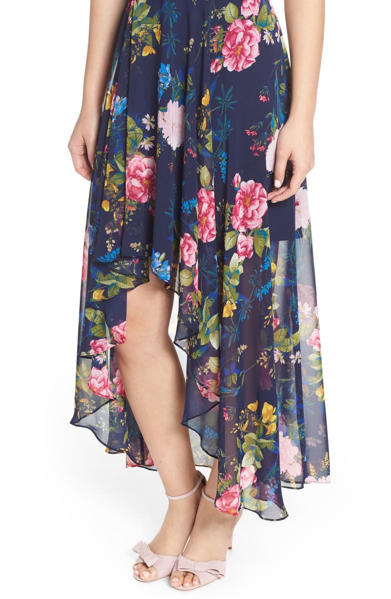 Eliza J Floral Print Chiffon High/Low Halter Midi Dress, Alternate, color, 