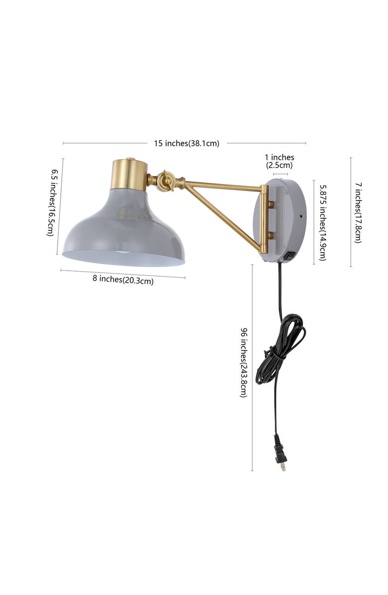JONATHAN Y Lynn Swing Arm 1-Light Modern Midcentury Iron USB Charging Port LED Sconce, Alternate, color, Gray