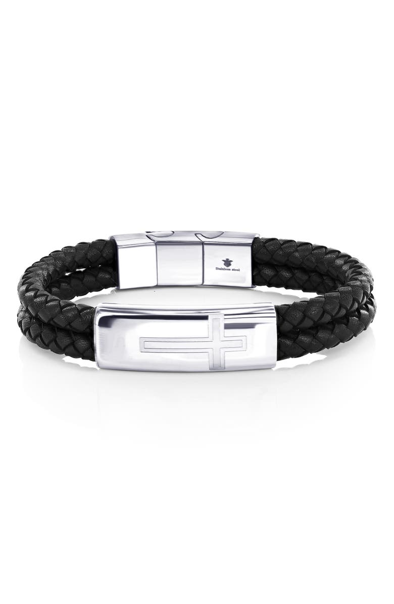 BLACKJACK Men's Cross Braided Leather Bracelet, Main, color, Silver
