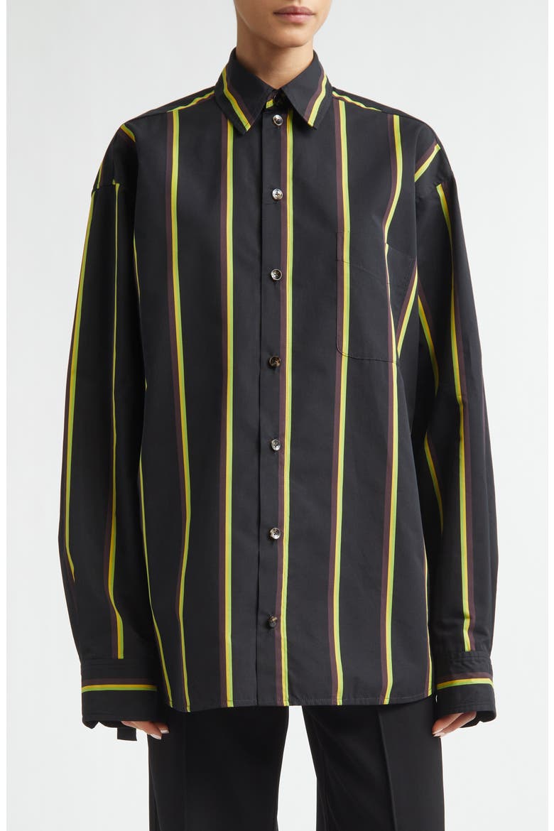 Alia Stripe Cotton & Silk Button-Up Shirt, Main, color, BLACK MULTI