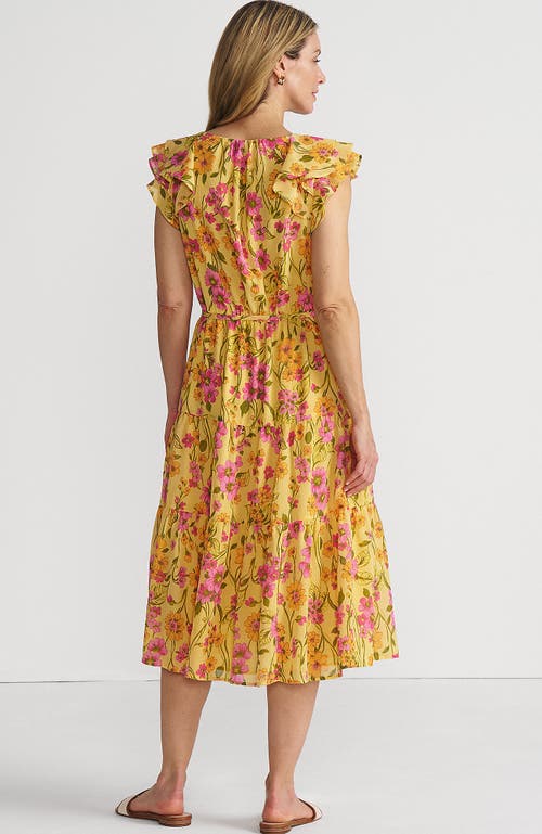 LANDS' END LANDS' END RUFFLE SLEEVE CHIFFON TIERED MIDI DRESS
