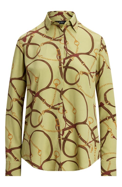 Shop Ralph Lauren Lauren  Classic Print Belting Print Crepe Button-up Shirt In Green Multi