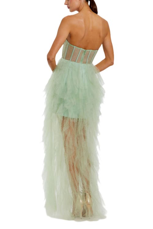 MAC DUGGAL MAC DUGGAL STRAPLESS BUSTIER NET GOWN WITH SPIRAL RUFFLES