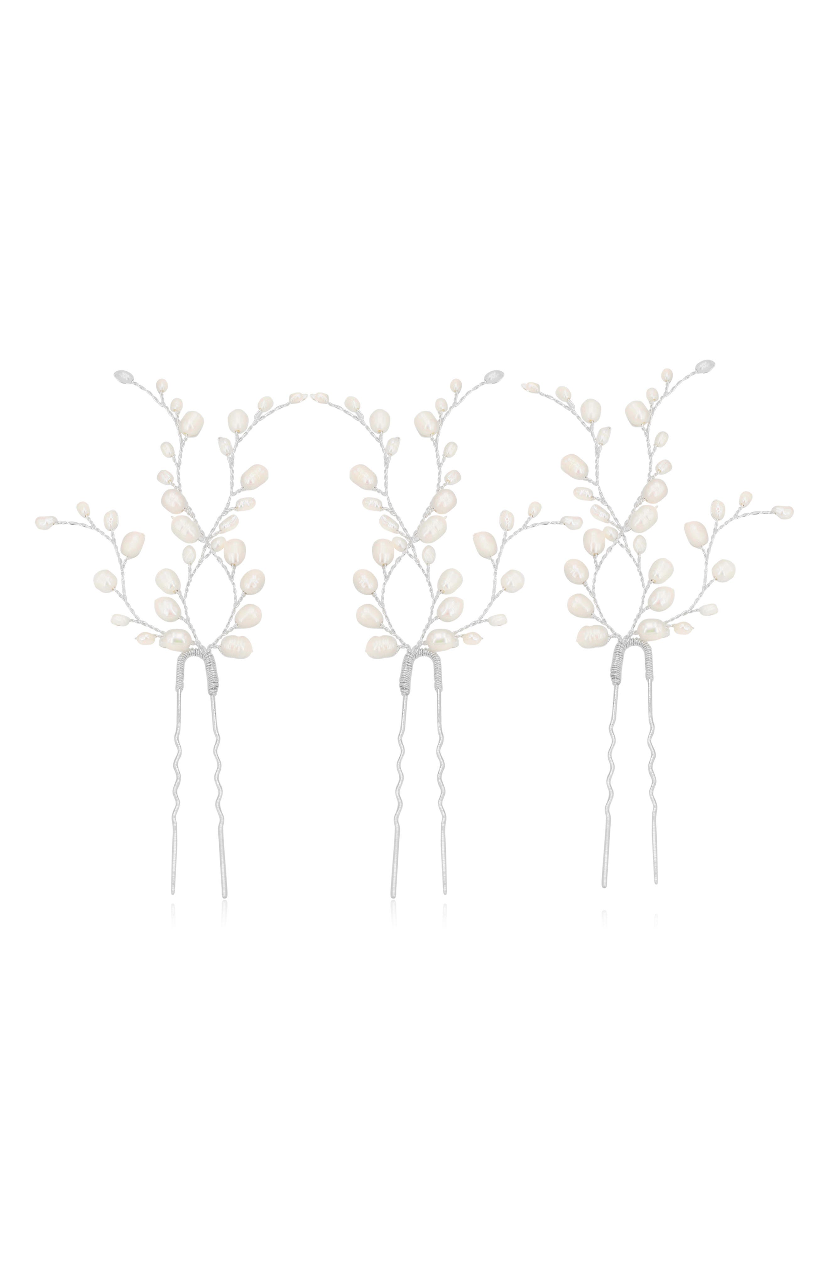Brides & Hairpins Kassia Set of 3 Pearl Hair Pins in Silver 
