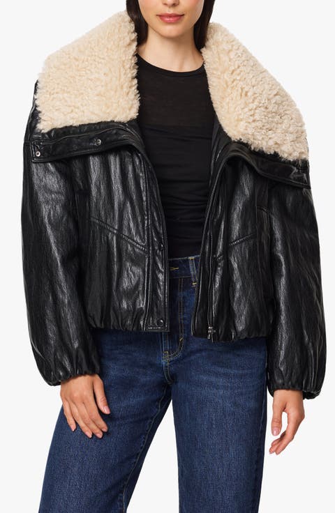 Faux Leather Jacket with Faux Shearling Collar