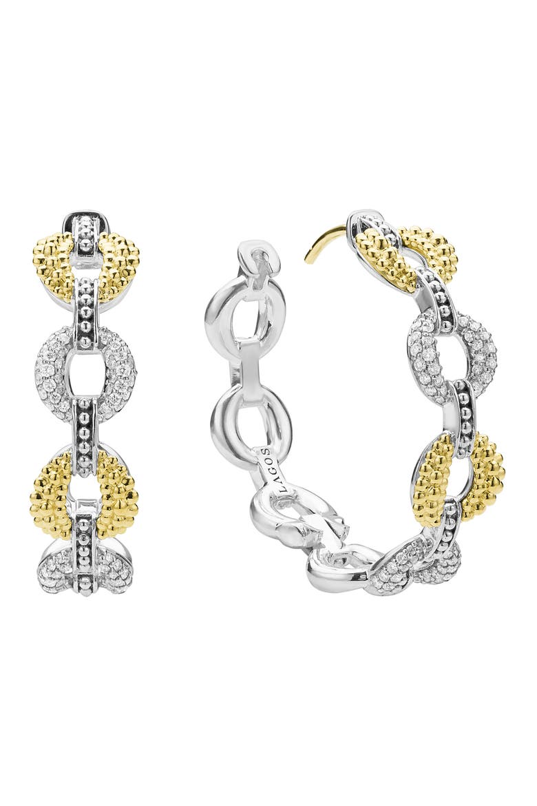 Caviar Lux 2-Tone Link Diamond Hoop Earrings, Alternate, color, STERLING SILVER