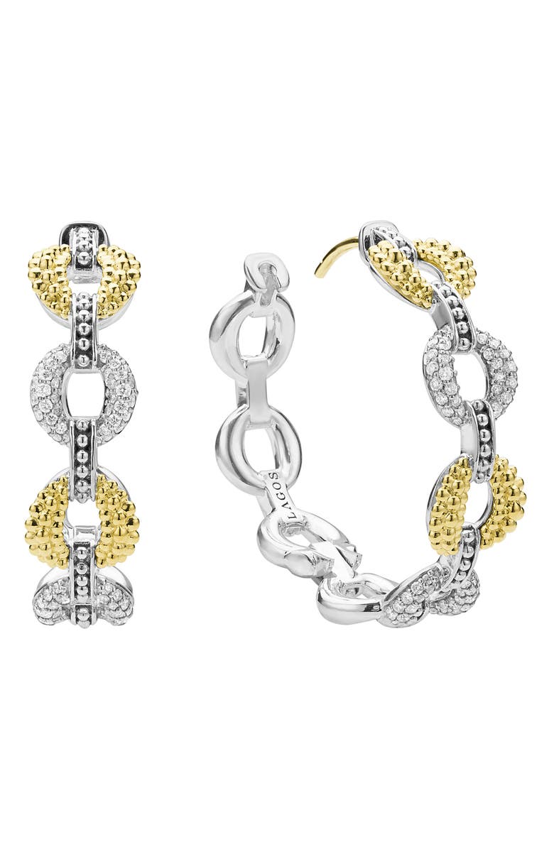 LAGOS Caviar Lux 2-Tone Link Diamond Hoop Earrings, Alternate, color, Sterling Silver