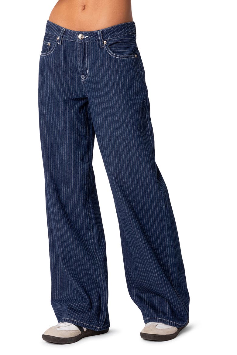 Pinstripe Wide Leg Low Rise Jeans, Alternate, color, NAVY