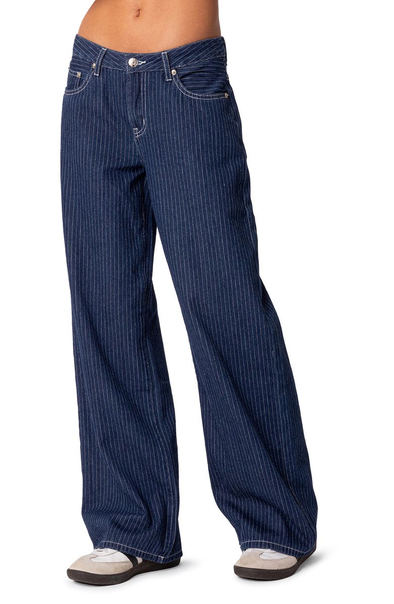 EDIKTED Pinstripe Wide Leg Low Rise Jeans, Alternate, color, Navy