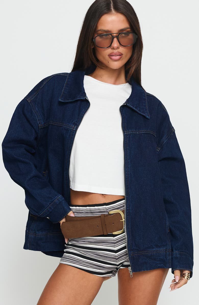 Princess Polly Goldsmith Denim Bomber Jacket, Alternate, color, Dark Wash
