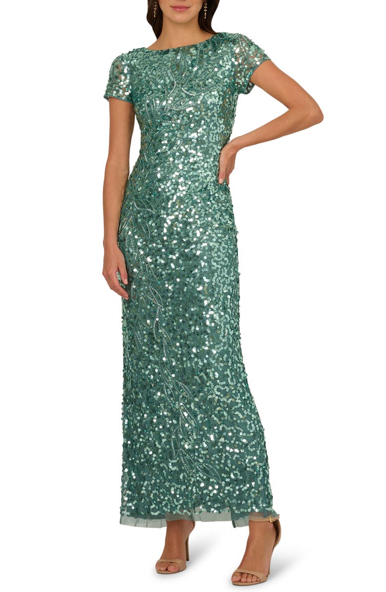 Adrianna Papell Sequin Mesh Column Gown, Main, color, Green Slate