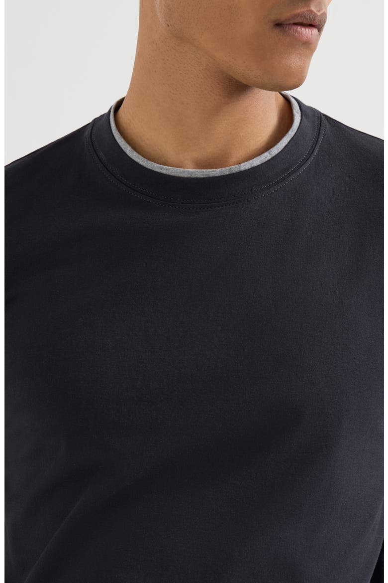 Cotton jersey crew neck T-shirt with faux-layering, Alternate, color, Cobalt