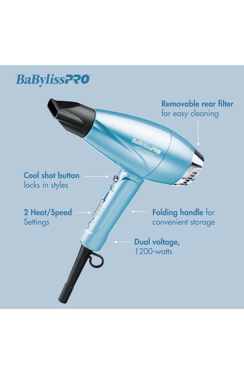 BaBylissPRO Nano Titanium Compact Folding Ionic Dryer, Alternate, color, Blue