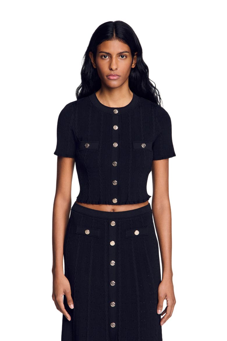 Cropped pointelle knit cardigan, Alternate, color, Black