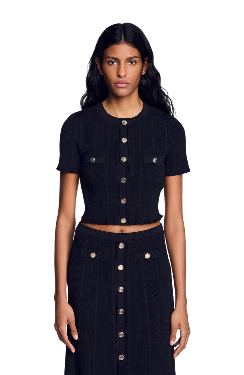 SANDRO Cropped pointelle knit cardigan, Alternate, color,